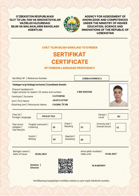 CEFR B2 — Сатторов Абдусаттор Содиқ ўғли