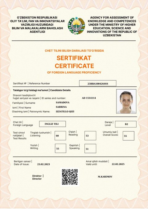 CEFR B2 — Samadova Sabrina Izzatillo qizi