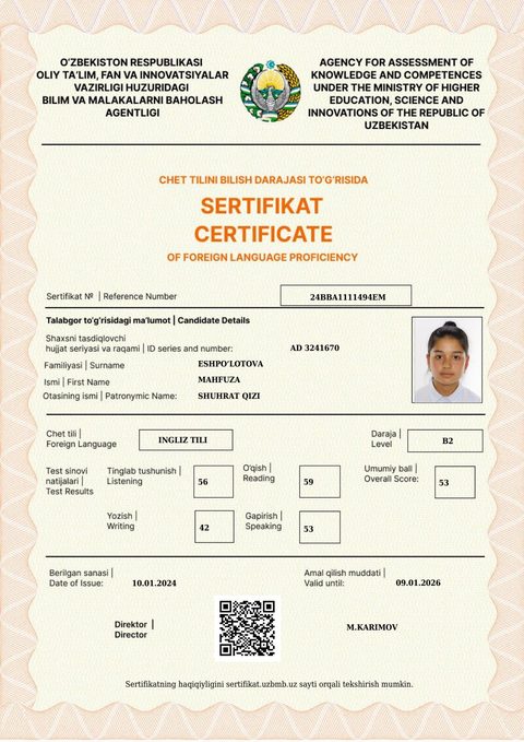 CEFR B2 — Eshpo‘lotova Mahfuza Shuhrat qizi