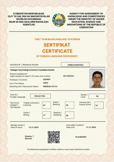 CEFR B2 — Azimov Amin Sherali o‘g‘li