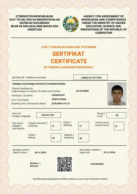 CEFR B2 — Mardonov Mirfayzbek Jo‘rabek o‘g‘li