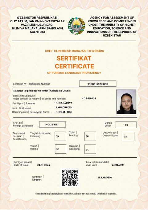 CEFR B2 — Shuxratova Zahrobegim Sherali qizi