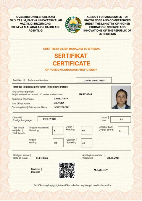 CEFR B2 — Hamroyeva Dilnura Uchqun qizi