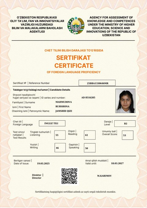 CEFR B2 — Mahmudova Ruhshona Jamshid qizi