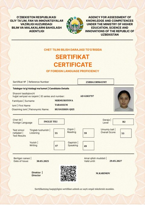 CEFR B2 — Mirmurotova Tabassum Husniddin qizi
