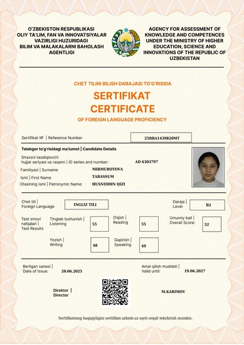CEFR B2 — Mirmurotova Tabassum Husniddin qizi (2x)
