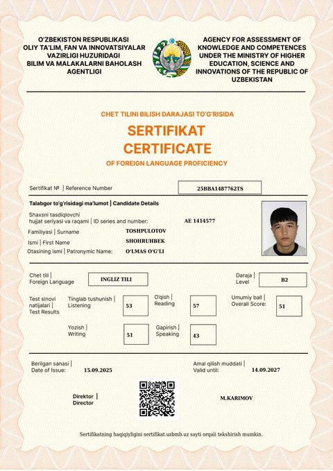 CEFR B2 — Toshpulotov Shohruhbek O‘lmas o‘g‘li