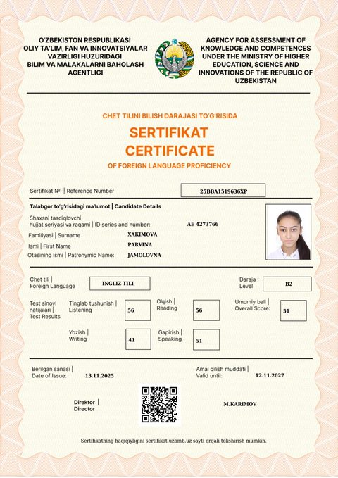 CEFR B2 — Xakimova Parvina Jamolovna