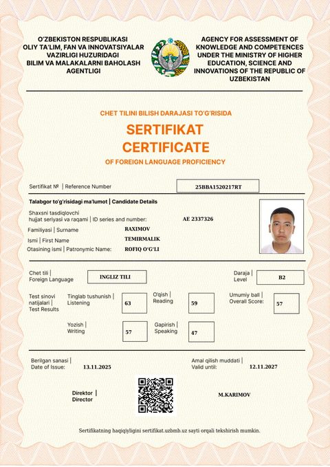 CEFR B2 — Raximov Temirmalik Rofiq o‘g‘li