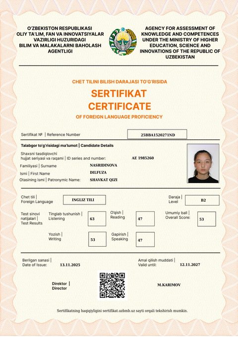 CEFR B2 — Nasridinova Dilfuza Shavkat qizi