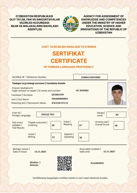 CEFR B2 — Qudratov Shahobiddin O‘ktam o‘g‘li
