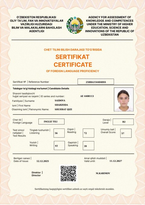 CEFR B2 — Saidova Shahzoda Shuhrat qizi