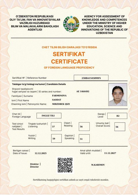 CEFR B2 — Farmonova Saodat Mirzobek qizi