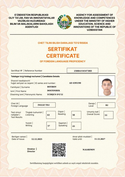 CEFR B2 — Botirov Dostonbek Uchqun o‘g‘li