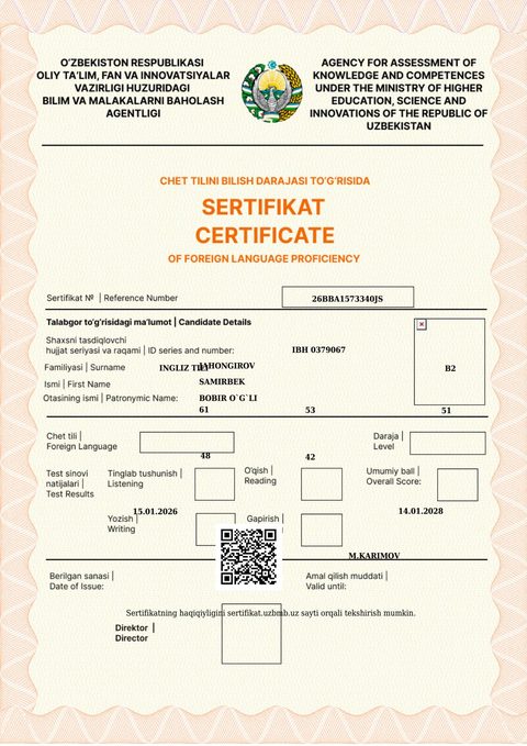 CEFR B2 — Jahongirov Samirbek Bobir o`g`li