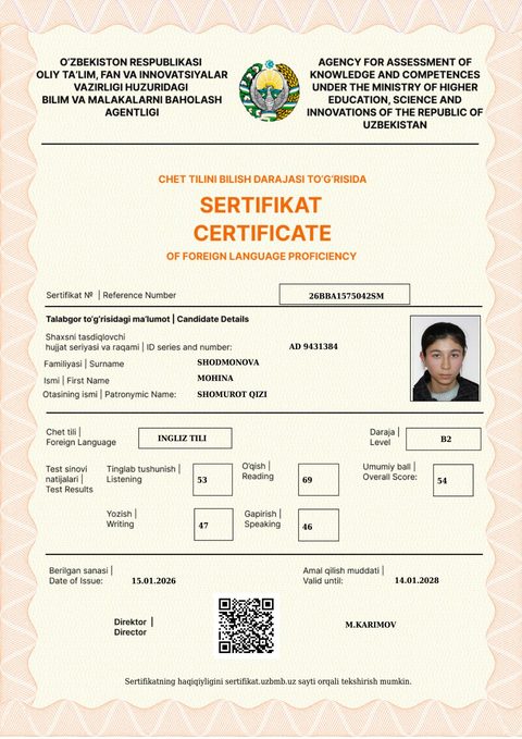 CEFR B2 — Shodmonova Mohina Shomurot qizi