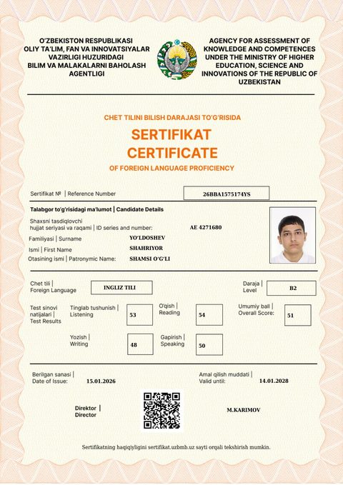 CEFR B2 — Yo‘ldoshev Shahriyor Shamsi o‘g‘li