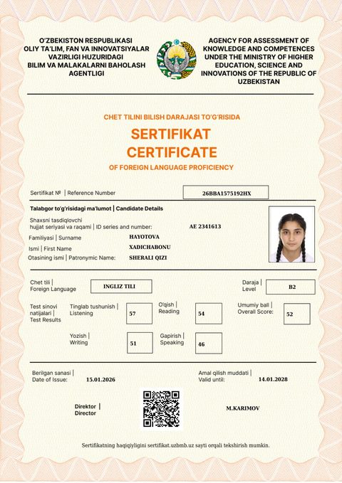 CEFR B2 — Hayotova Xadichabonu Sherali qizi