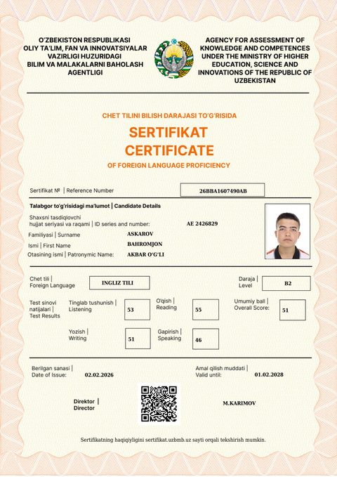 CEFR B2 — Askarov Bahromjon Akbar o‘g‘li