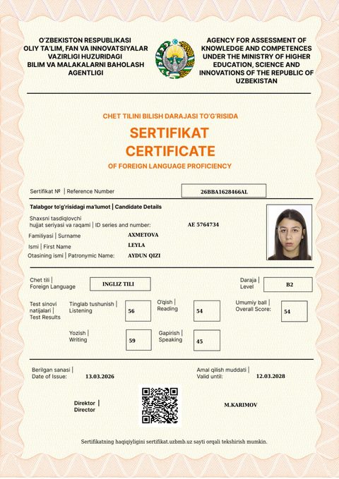 CEFR B2 — Axmetova Leyla Aydun qizi