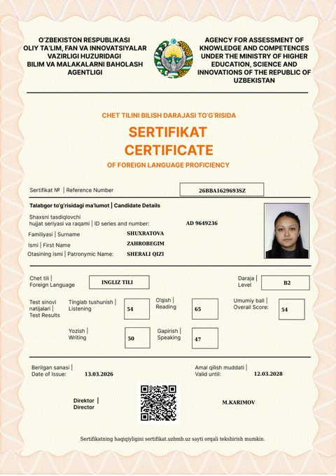 CEFR B2 — Shuxratova Zahrobegim Sherali qizi (2x)