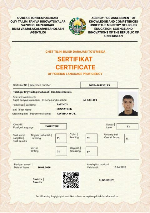 CEFR B2 — Rayimov Sunnatbek Ravshan o‘g‘li