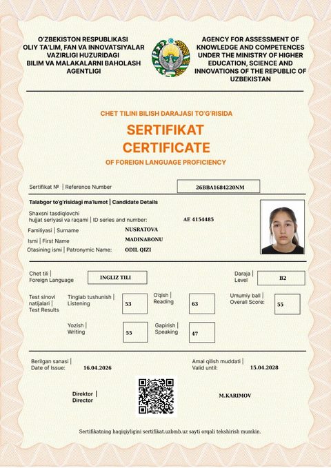 CEFR B2 — Nusratova Madinabonu Odil qizi