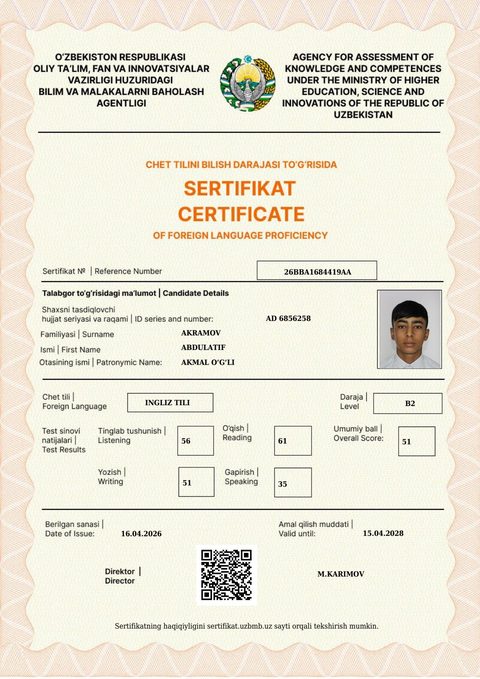 CEFR B2 — Akramov Abdulatif Akmal o‘g‘li