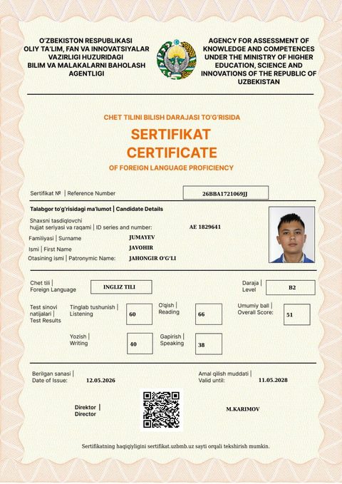 CEFR B2 — Jumayev Javohir Jahongir o‘g‘li