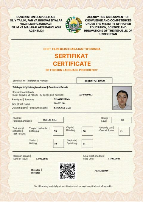 CEFR B2 — Shavkatova Maftuna Shuxrat qizi