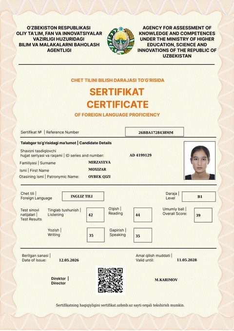 CEFR B1 — Mirzayeva Moxizar Oybek qizi