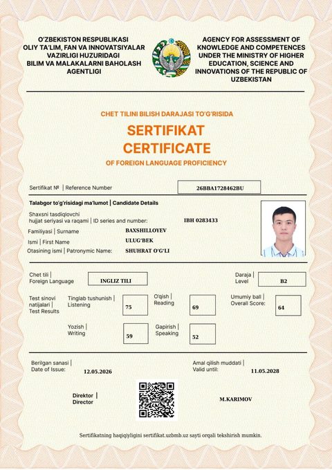 CEFR B2 — Baxshilloyev Ulug‘bek Shuhrat o‘g‘li