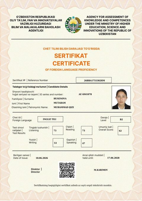 CEFR B2 — Husenova Mutaram Muhammad qizi