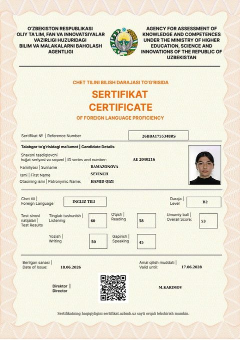 CEFR B2 — Ramazonova Sevinch Hamid qizi