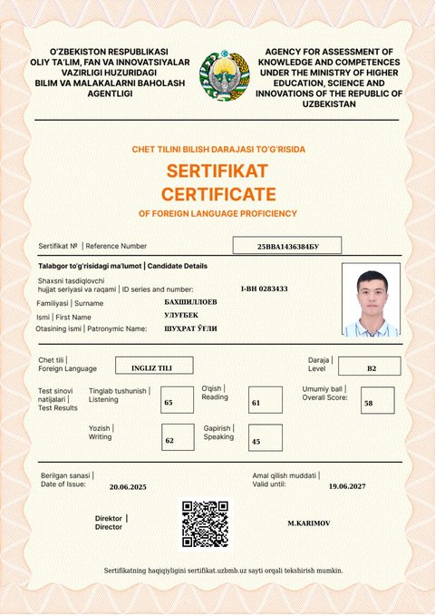 CEFR B2 — Бахшиллоев Улуғбек Шуҳрат ўғли